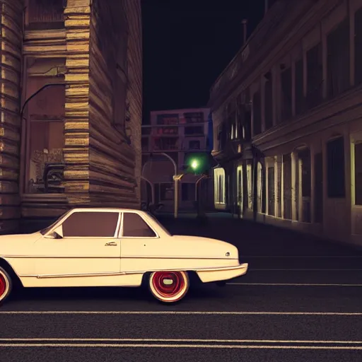 Prompt: old timer car on a street at night, ultra realistic, 8 k, beautiful