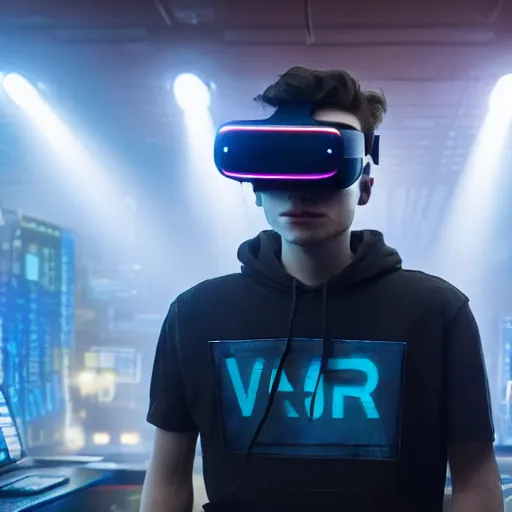 Prompt: a Portrait of a hacker wearing VR goggles, by Mr Robot, by Ready Player One, by Kung Fury, computer screens in the background, dark, dramatic, realistic studio lighting, realistic reflections, 4k, professional, canon
