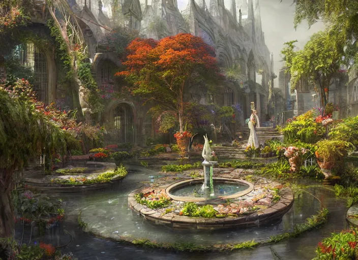 Image similar to a wide open courtyard in a beautiful elven city made of ivory and silver, vivid colors, lush trees, flowers, ponds, fountain, subsurface scattering, volumetric lighting, concept art, fantasy digital painting by James Gurney, by Greg Rutkowski, trending on Artstation, highly detailed