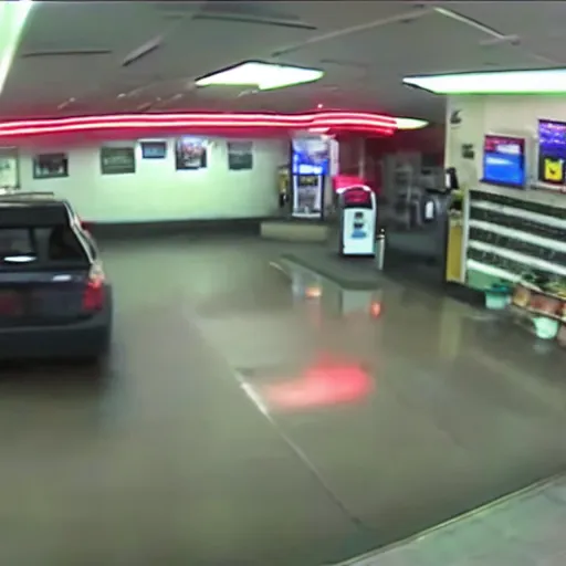 Prompt: A robbery at a gas station. Security camera footage, grainy, low quality.
