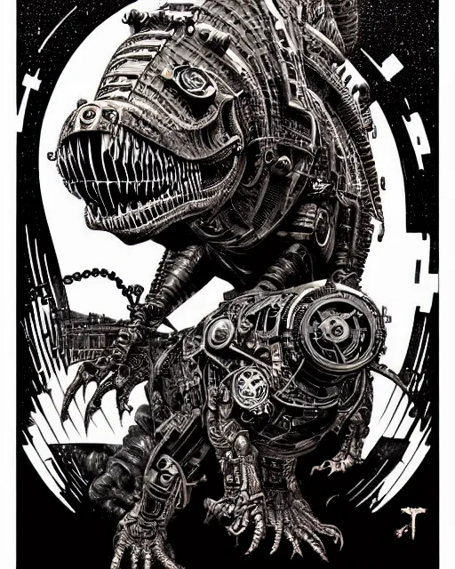 Image similar to a majestic steampunk cyborg t - rex, high details, bold line art, by vincent di fate and joe fenton, inking, etching, screen print, masterpiece, trending on artstation, sharp, high contrast, hyper - detailed,, hd, 4 k, 8 k