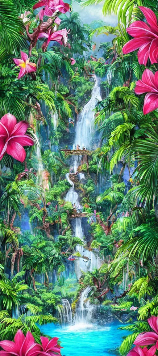 Prompt: cascading concept art of an exotic garden with waterfall pools, macaw parrots, flowers and palm trees, plumeria, detailed, highly detailed, aesthetic, realistic, hyper realism, colorful, in depth, intricate,