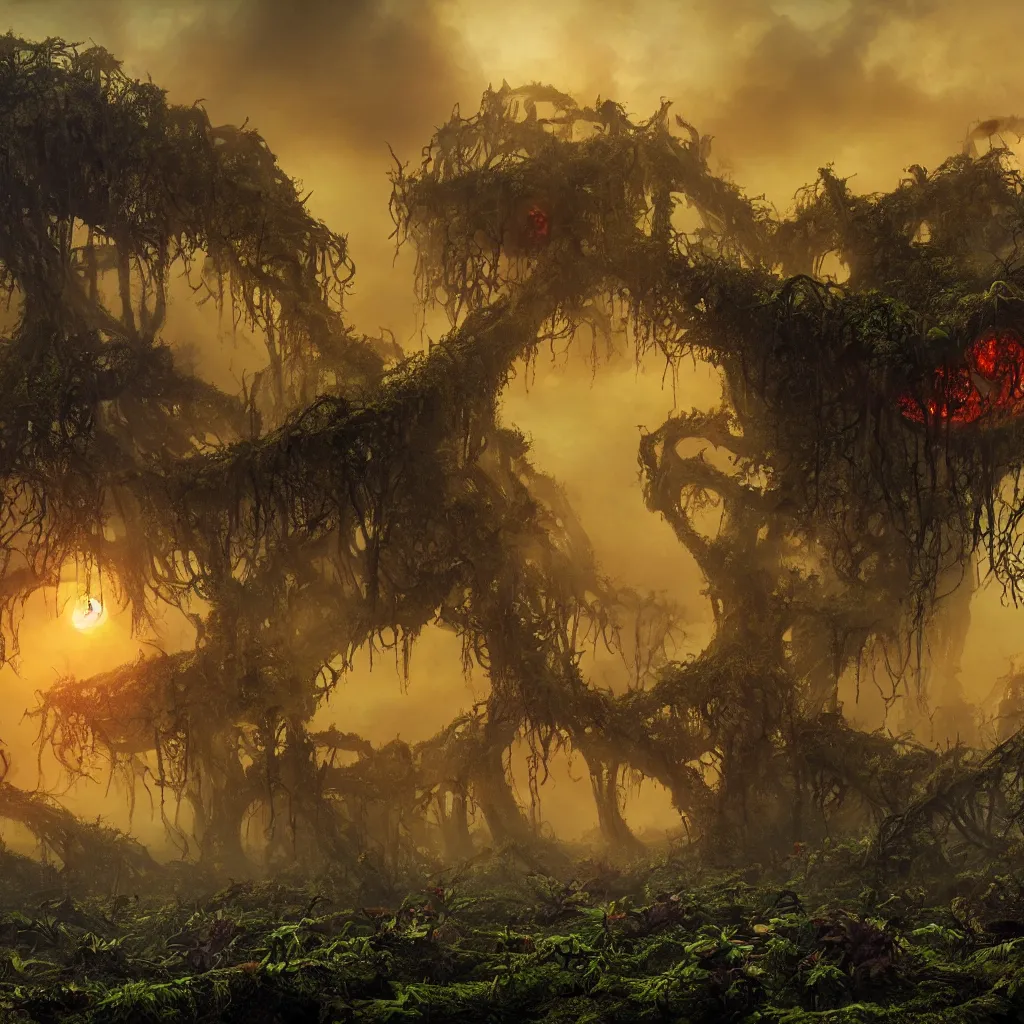 Image similar to An incredibly beautiful but ominous matte painting depicting a profusion of evil carnivorous vines and colorful flowers and lush exotic trees and bloated toadstools, with horrifying huge burning eyes and jagged bloody teeth, overgrowing a desolate ruins submerged in fog beneath the setting sun, nvidia, vray, evening, epic scale, octanerender