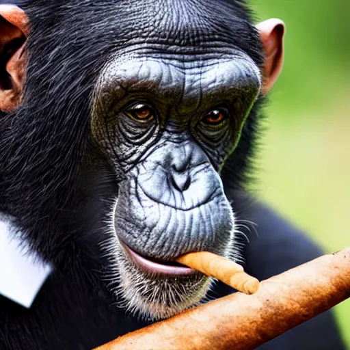 Image similar to a high detail closeup shot of a chimp wearing a suit and smoking a cigar