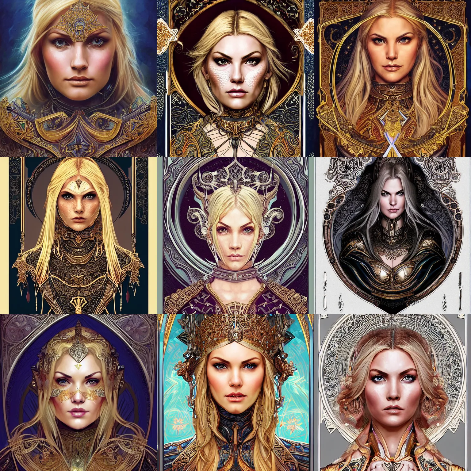 Image similar to head-on symmetrical centered painted portrait, Mais Hamdan and Elisha Cuthbert as a paladin, blonde hair, ornate iron armour, art nouveau, tarot card style, fantasy, intricate, elegant, highly detailed, smooth, sharp focus, illustration, artstation, in the style of Artgerm and Anna Podedworna and Alex Ross and Mucha