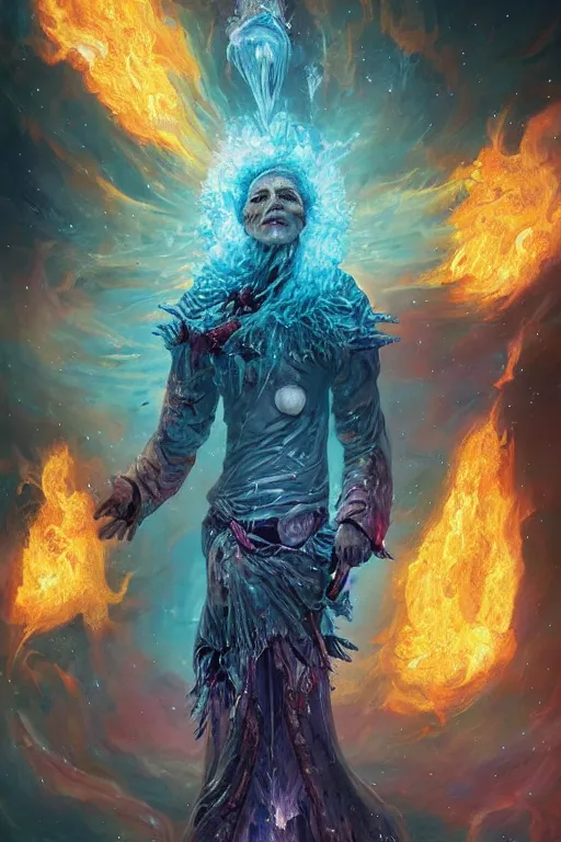 Prompt: frozen elderly person, necromancer, witch - doctor covered with ice exploding into fire, electricity highly detailed, high contrast, light reflection, trippy, nebula, trending on artstation by artgem, by peter mohrbacher, by wlop, by ruan jia