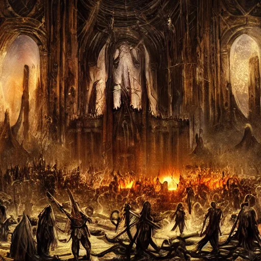 Image similar to a religious scene, chaos, night, rot, blood, epic art, dark souls, highly detailed, intricate background