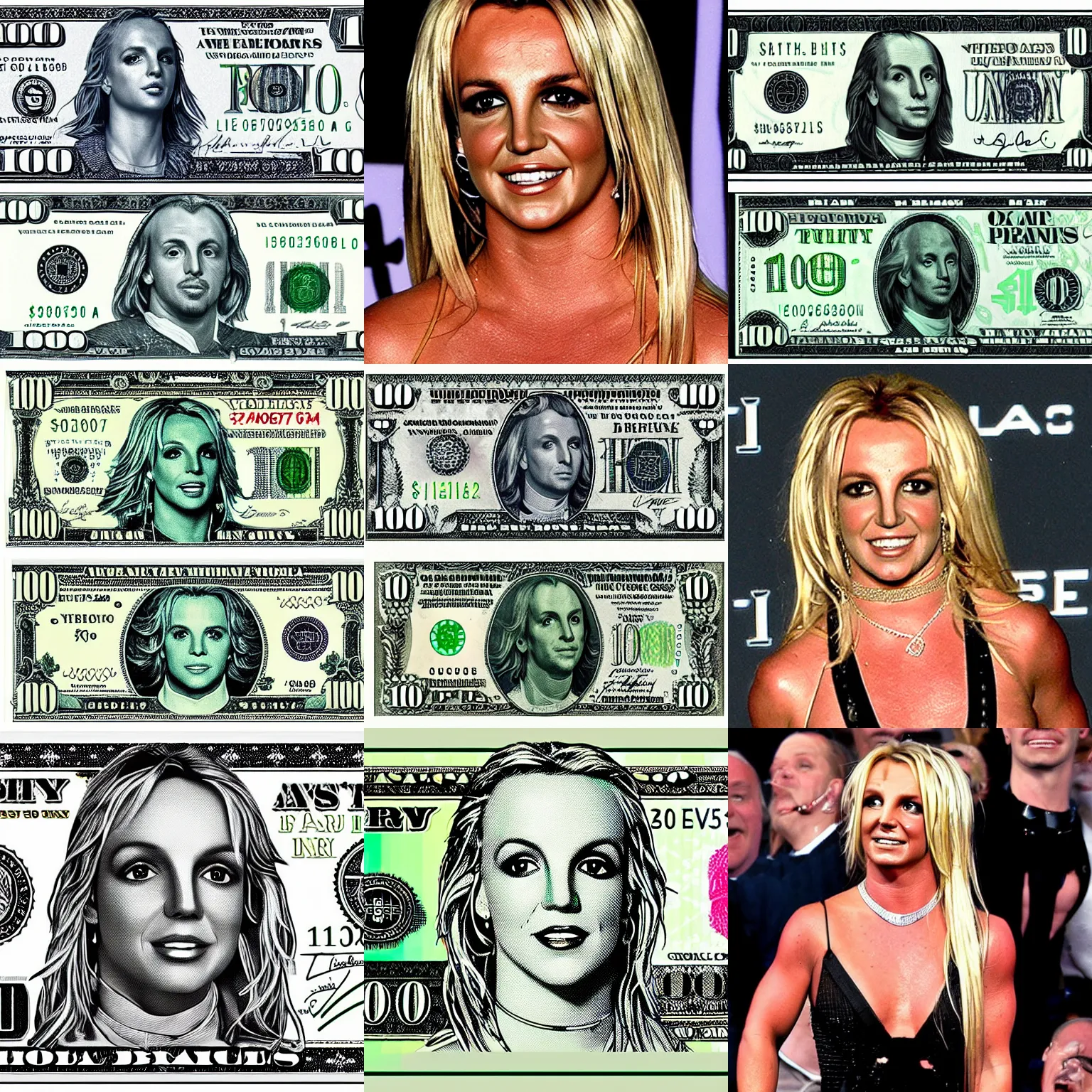 Prompt: britney spears minted $ 1 0 0 bill