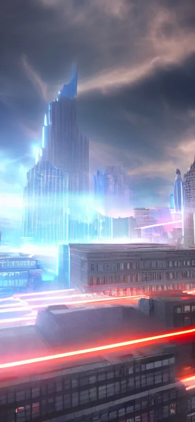 Image similar to unreal engine 5 render of a city with lasers coming out of the clouds, digital art ”