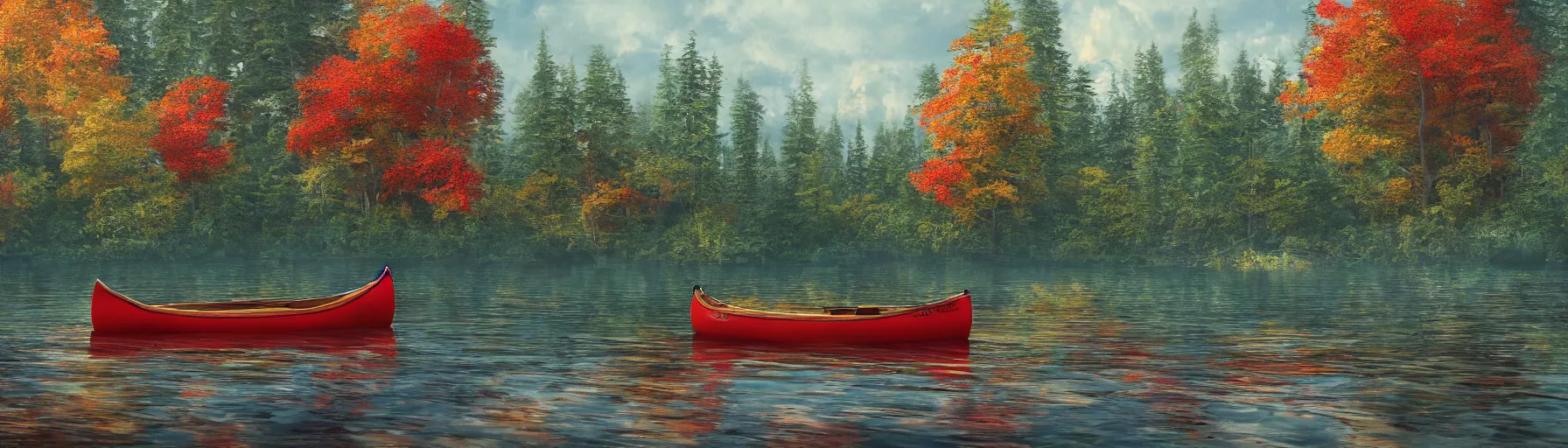 Prompt: a single canoe on a scenic northern Algonquin lake, vivid colors, high details, cinematic, 8k resolution, beautiful detailed, photorealistic, digital painting, artstation, concept art, smooth, sharp focus, illustration, fantasy background, artstation trending, octane render, unreal engine