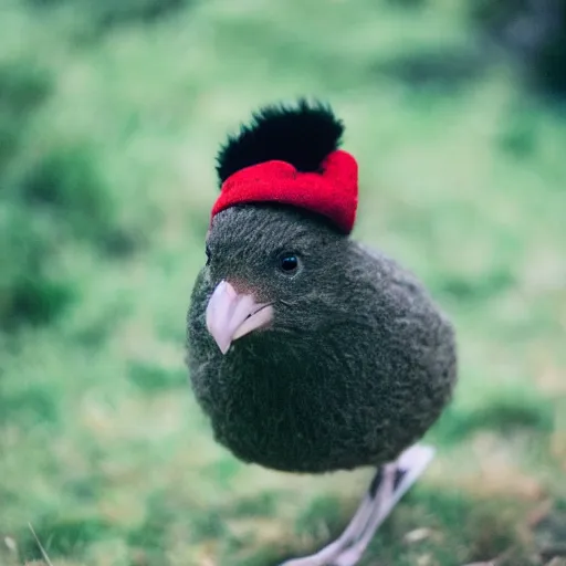 Prompt: a kiwi bird with a wooly hat, 35mm photograph