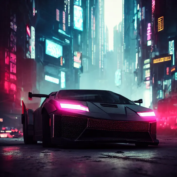 Prompt: cyberpunk car lamborgini counatch on the background of drak dirty style cyberpunk city like in blade runner film just in the syle by nicholas hiattcinematic with cinematic lighting, raytracing, 8 k, made in octane render, volumetric, vivid, beautiful art, hyperrealism