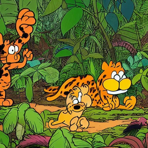 Prompt: Garfield and odie in the jungle, by Jim Davis