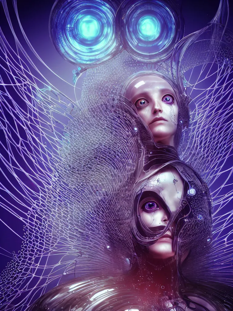 Prompt: futuristic biomech religious cult, ethereal and sublime, quantum deep magic, wings, wires and veins, ferrofluid, bismuth, city, unsettling, glowing eyes, tears, style blend of hideo kojima, shojo manga, mobius and botticelli, 4 k photorealistic, ultra fine inklines