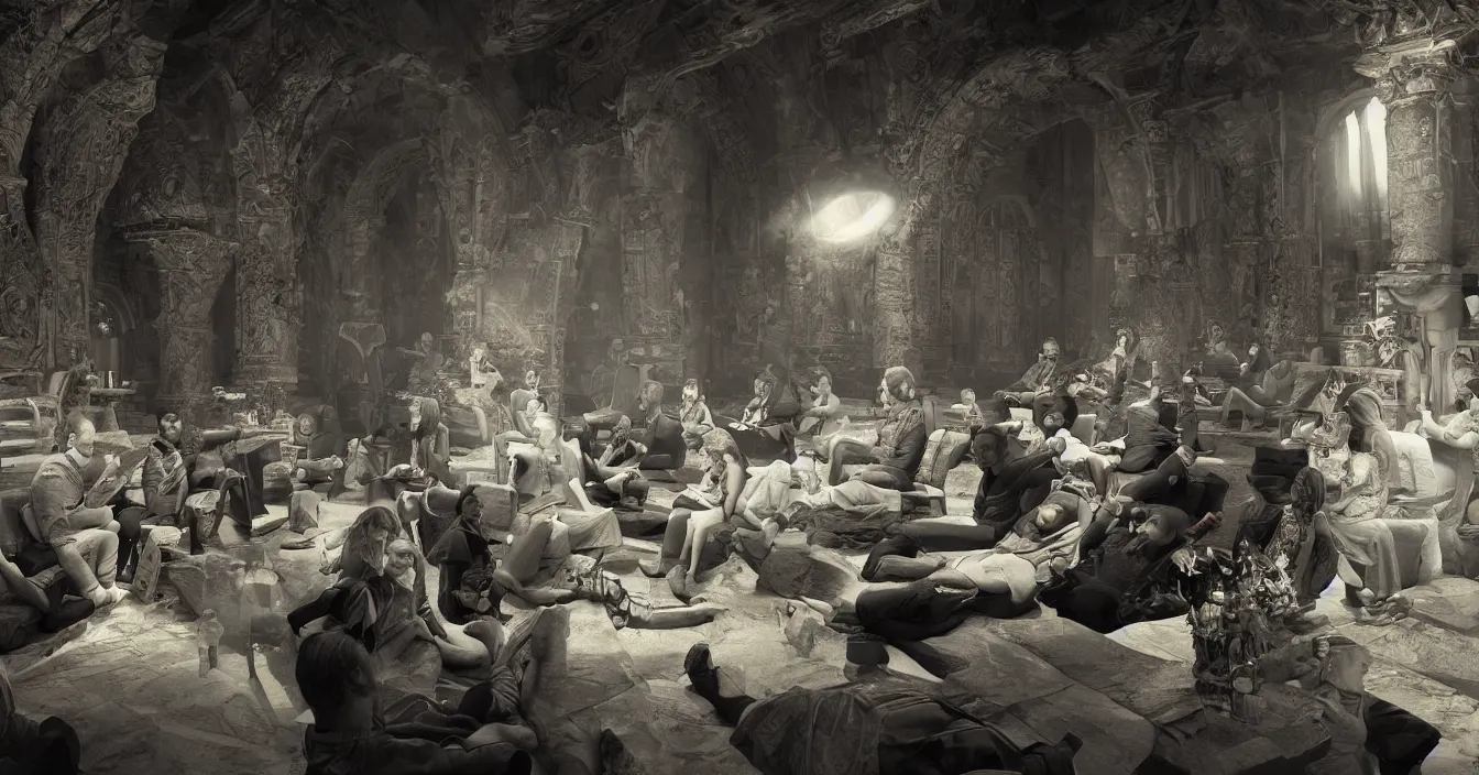 Image similar to human beings sit in the cinema and watch the illusions of their lives on screen of life, which project the volumetric light of consciousness, realistic, deep sense of spirituality, contrast shading, unreal engine, vray, style of viktor vasnetsov