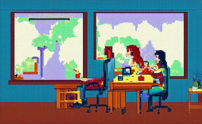 Prompt: Pixel-art. Trending on artstation. Screenshot of Music to chill/study to youtube video. Character sitting and relaxing in front of their work desk in their cozy room as a peaceful scene is seen through the room's window.