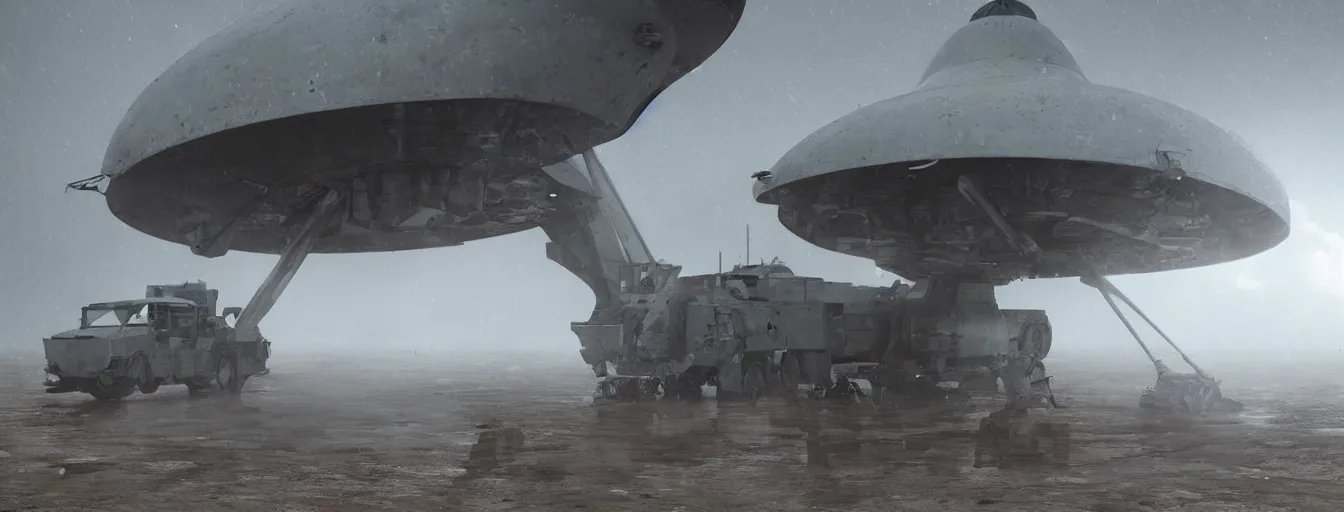 Prompt: engineer repairs special flying saucer full of modern military equipment, in the hall of area 55, high detail, ground fog, wet reflective ground, saturated colors, by Maciej Kuciara, render Unreal Engine-H 704