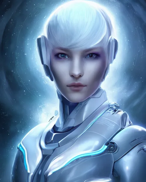 Image similar to photo of a beautiful girl on a mothership, android, warframe armor, pretty face, scifi, futuristic, galaxy, raytracing, dreamy, perfect!!!, cosmic wind, pure, white hair, blue cyborg eyes, glow, insanely detailed, artstation, innocent look, art by gauthier leblanc, kazuya takahashi, huifeng huang