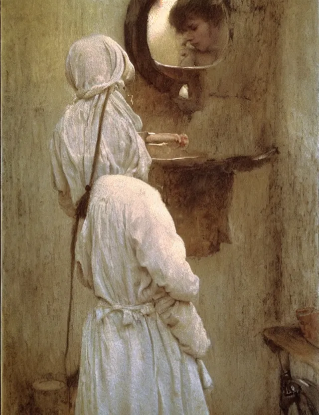 Image similar to peasant girl looking in a mirror in a bathroom, polaroid photo bleached vintage pastel colors high - key lighting, soft lights, foggy, by steve hanks, by lisa yuskavage, by serov valentin, by tarkovsky, detailed, oil on canvas