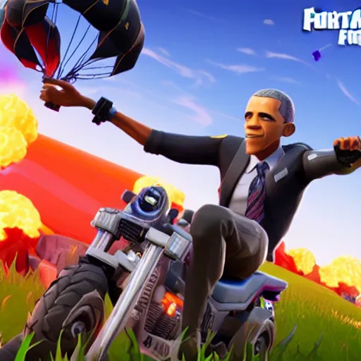 Prompt: Obama jumping out of the fortnite battle bus, in-game screenshot