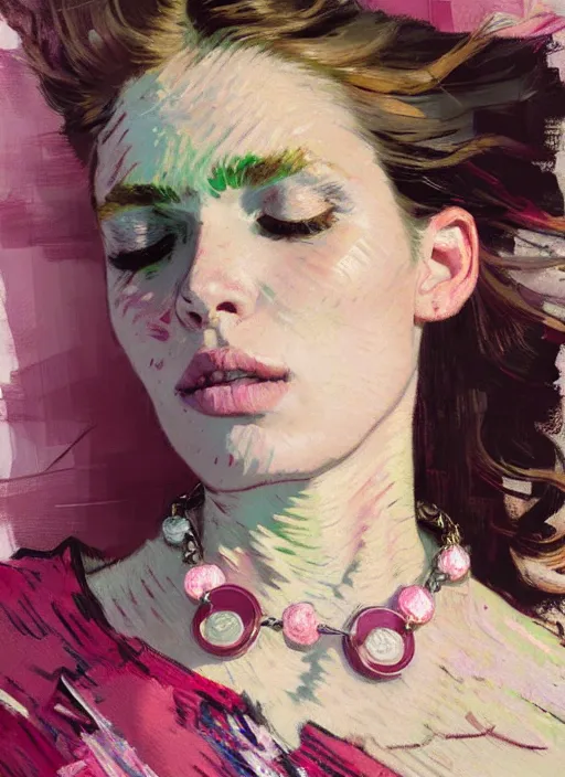 Image similar to portrait of a beautiful girl, necklace, eyes closed, open mouth, shades of pink, beautiful face, rule of thirds, intricate outfit, spotlight, by greg rutkowski, by jeremy mann, by francoise nielly, by van gogh, digital painting