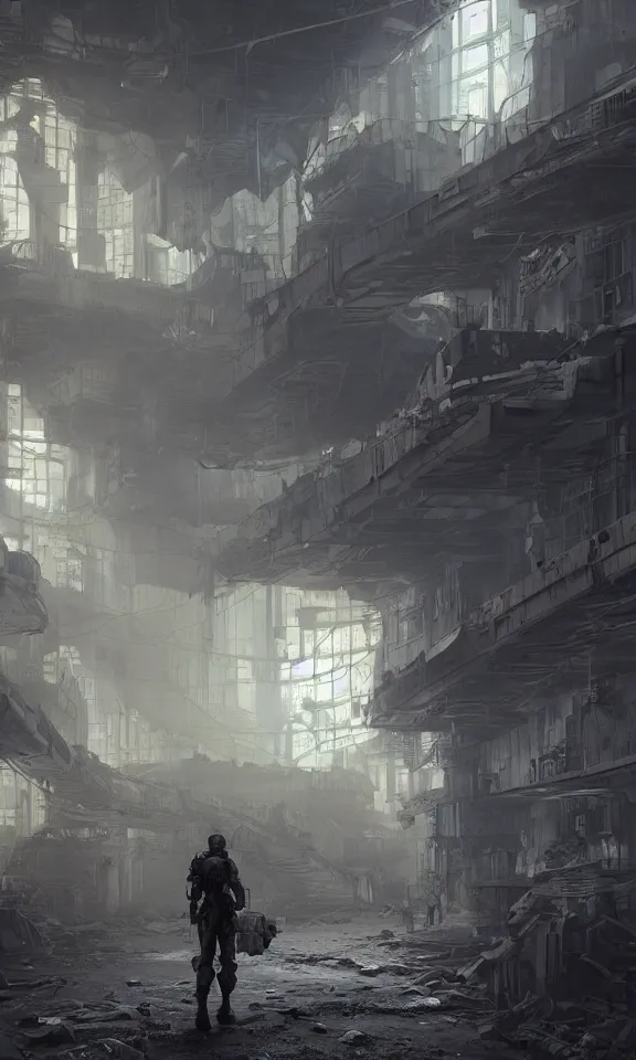 Image similar to Futuristic matte painting of a cyberpunk soldier walking through an abandoned foundry, volumetric light scattering, highly detailed, Andreas Rocha, Greg Rutkowski, Darek Zabrocki, ArtStation, CGSociety, Unreal Engine, 4K, 8K