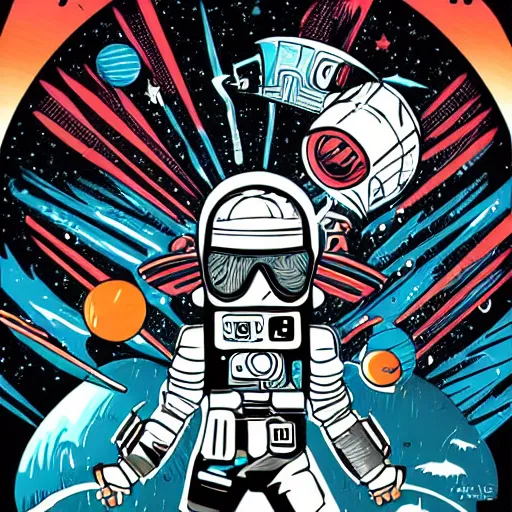 Image similar to colorful mcbess style interstellar war