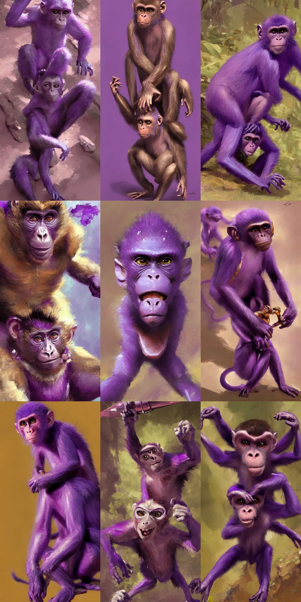 Prompt: a beautiful painting of a vibrant purple skinned fatasy monkey race with narrow features, by craig mullins, featured on artstation