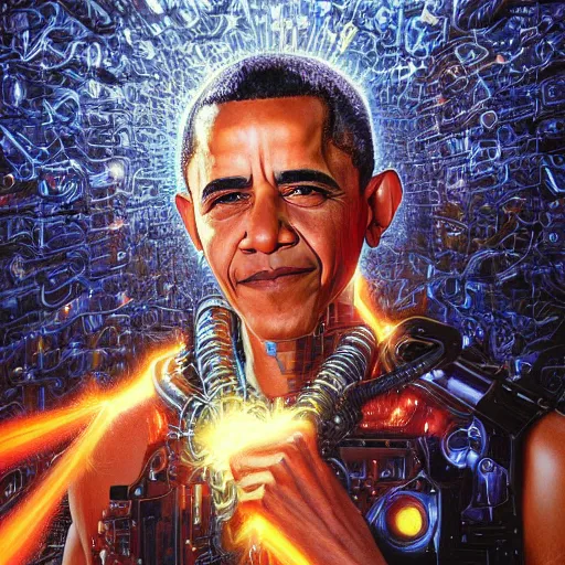 Prompt: UHD hyperrealistic photorealistic detailed image of Barrack Obama with sparking, busted, broken cybernetic implants by Ayami Kojima Amano Karol Bak, Greg Hildebrandt and Mark Brooks