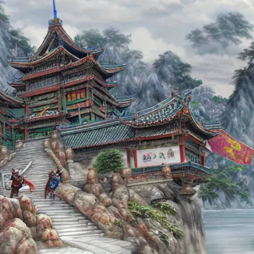 Image similar to dynamic composition, motion, ultra-detailed, incredibly detailed, a lot of details, amazing fine details and brush strokes, colorful and grayish palette, smooth, HD semirealistic anime CG concept art digital painting, watercolor oil painting of epic castle gate, from Three Kingdoms, by a Chinese artist at ArtStation, by Huang Guangjian, Fenghua Zhong, Ruan Jia, Xin Jin and Wei Chang. Realistic artwork of a Chinese videogame, gradients, gentle an harmonic grayish colors.