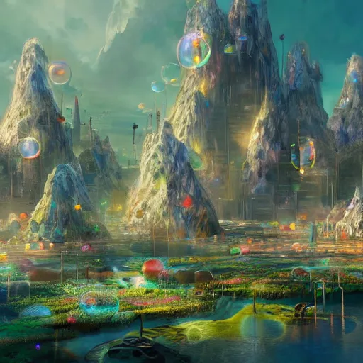 Image similar to a utopian city, filled with fauna, with bubbles floating around everywhere, dynamic lighting, fantasy concept art, trending on art station, stunning visuals, creative, cinematic, ultra detailed