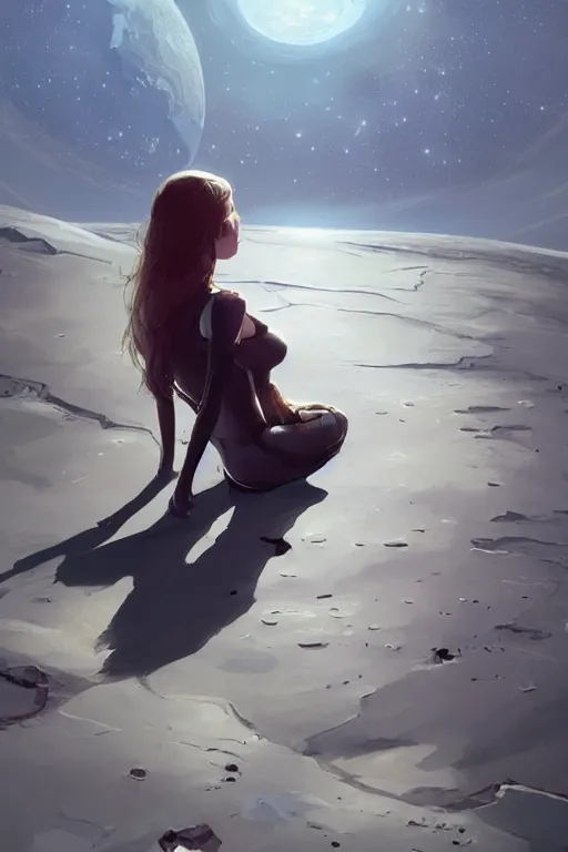 Image similar to sitting on the moon with a view of the earth in the background, elegant, digital painting, highly detailed, artstation, concept art, smooth, sharp focus, illustration, art by artgerm and greg rutkowski.