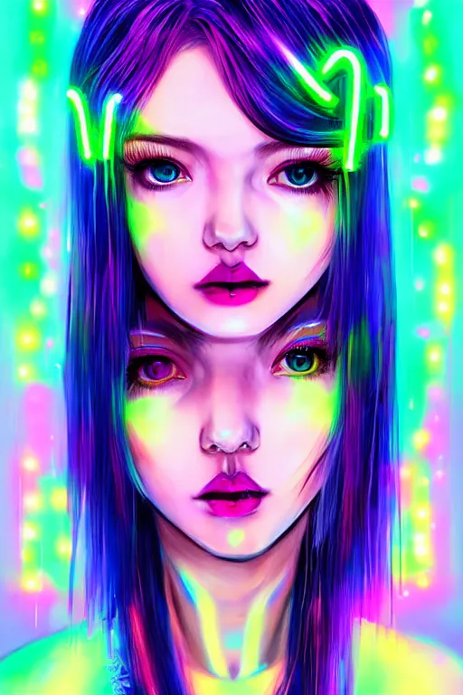 Image similar to An extremely beautiful neon-noir kawaii decora highly detailed HD portrait of a young attractive woman with a silky bio-luminiscent Aetherpunk dress, neo-cyberpunk, professionally painted digital art illustration, smooth, sharp focus, atmospheric lighting, highly detailed illustration highlights, golden ratio, symmetrical facial features, extremely detailed winning award masterpiece, very coherent symmetrical artwork, sense of awe, 8K post-processing, trending on artstation flawless, prismatic highlights, telephoto, depth of field, cinematic, macro, concept art, wepa digital, elegant, epic, octane render, v-ray, C4D