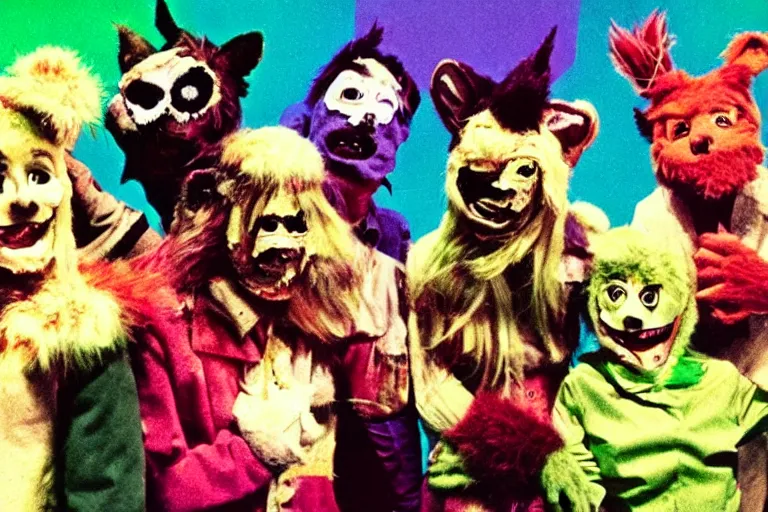 Prompt: a glitchy color still from a horrific live action 1 9 6 4 kids show about, unnatural furry puppets, grunge, horror, despair, broken
