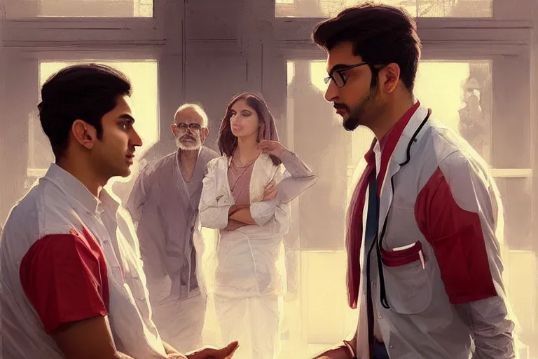 Image similar to Enraged good looking pale young Indian doctors wearing American clothes chatting at the airport, portrait, elegant, intricate, digital painting, artstation, concept art, smooth, sharp focus, illustration, art by artgerm and greg rutkowski and alphonse mucha