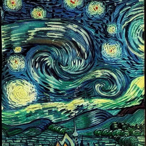 Image similar to cthulhu coming from the night sky of a city, painting by van gogh