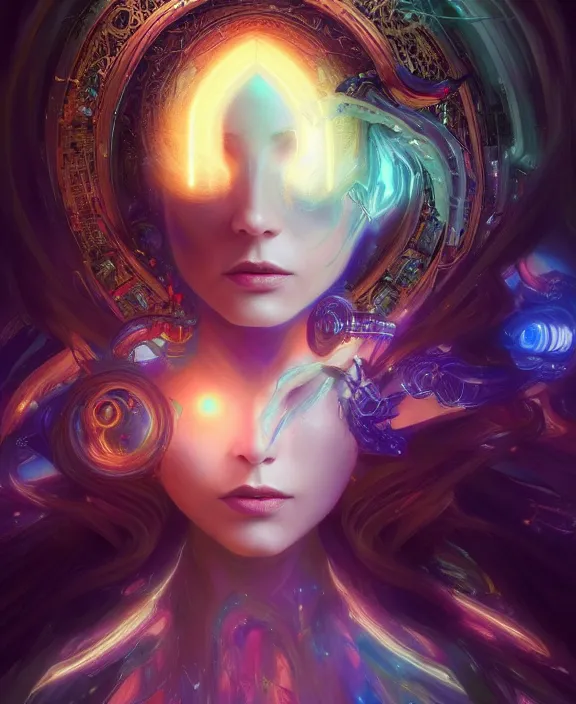 Image similar to a whirlwind of souls rushing inside the metaverse, half body, glowin eyes, tiara with sapphire, pharaoh, android, cyberpunk, d & d, fantasy, intricate, elegant, highly detailed, colorful, vivid color, digital painting, artstation, concept art, art by artgerm and greg rutkowski and alphonse mucha and ruan jia