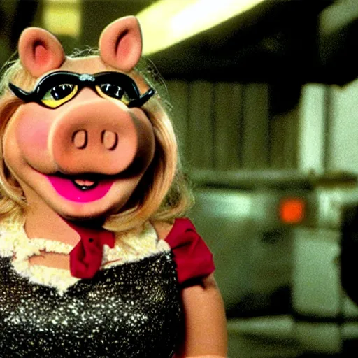 Image similar to movie still of miss piggy starring as trinity in the matrix movie