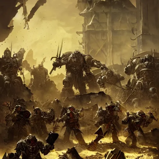 Image similar to Soldiers from the Holy Roman Empire fight Orks in Warhammer Fantasy, by Cedric Peyravernay, highly detailed, excellent composition, cinematic concept art, dramatic lighting, trending on ArtStation