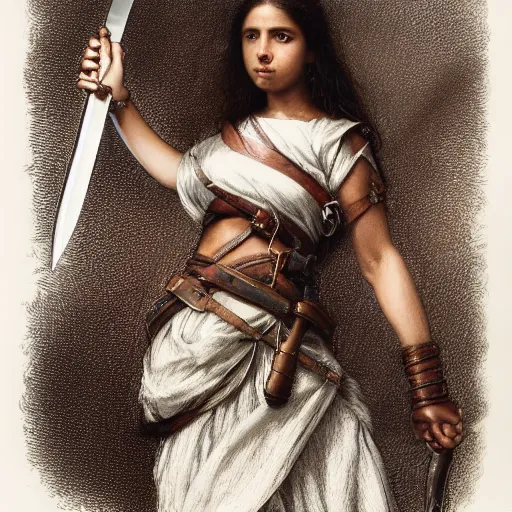 Image similar to artstation concept of a beautiful girl holding a sword in both hands, brown skin, sweaty skin, symmetrical face, casual white garment, brown canyon background, shiny colorful, hyperdetailed, artstation trending, world renowned artists, worth1000.com, historic artworks society, antique renewel, cgsociety, by greg rutkowski, by Gustave Dore, Deviantart