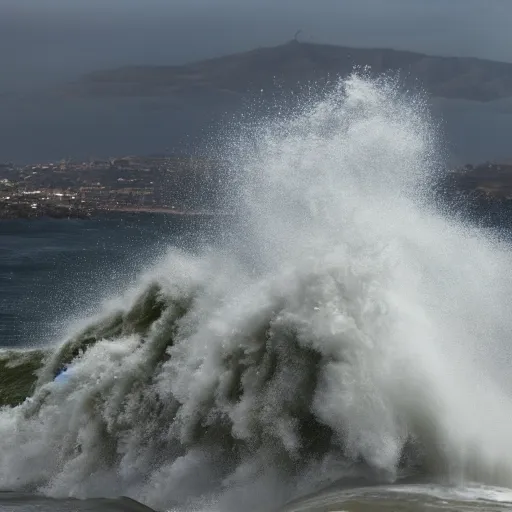 Prompt: tsunami over San Diego, Dramatic, realistic, perspective,