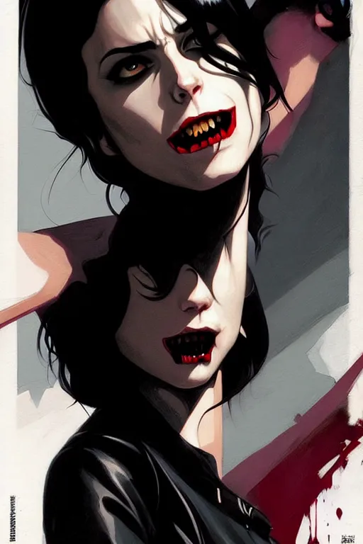 Image similar to rafael albuquerque comic art, peter mohrbacher, phil noto, steve niles, artgerm, pretty willa holland vampire sharp vampire teeth open mouth, symmetrical eyes, black leather jacket, jeans, long black hair