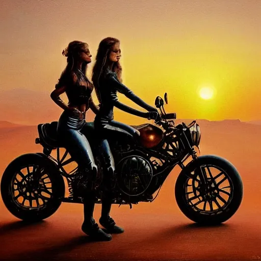 Image similar to a detailed painting of a cute caracal riding a harley davidson motorcycle with a girl. movie scene, cinematic scene, sunset, road. by beksinski and carl spitzweg and tuomas korpi. baroque elements. baroque element. intricate artwork by caravaggio. oil painting. award winning. trending on artstation. 8 k