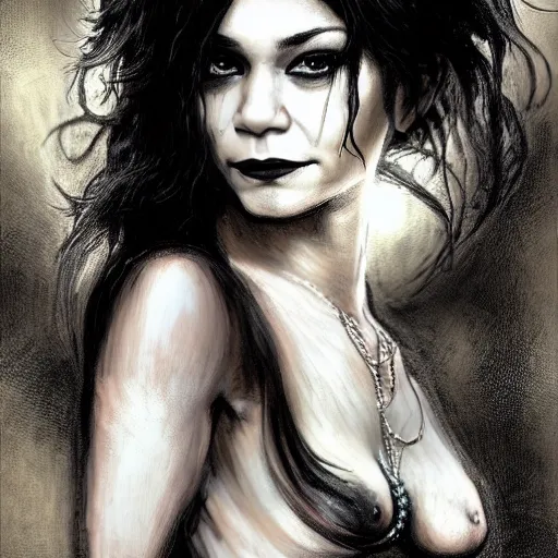 Image similar to beautiful portrait of vanessa hudgens as death from sandman, smiling, by cedric peyravernay, alphonse mucha, by jeremy mann, by lecouffe deharme, goth chic, soft lightning, eyeliner, punk rock, high detailed, 8 k