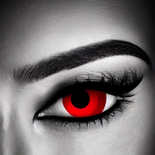 Image similar to Portrait. Completely white ideal oval face. Right eye red, black iris black. Left eye black, red iris. Dark futuristic background.