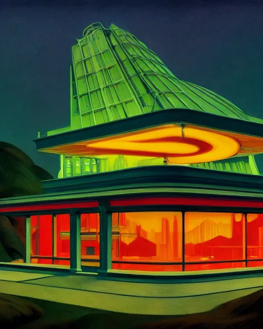 Prompt: a beautiful hyperdetailed illustration of building tundra by edward hopper, futuristic neon signs rainforest nature alien, archdaily, wallpaper, highly detailed, trending on artstation.