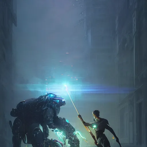 Image similar to neon techno-magic robot with a spear fights and pierces an ancient beast, hyperrealism, no blur, 4k resolution, ultra detailed, style of Greg Rutkowski, Zac Retz, Kawase Hasui, Carlos Schwabe, Eddie Mendoza, Ryan Dening,