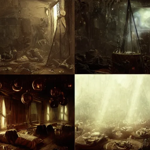 Image similar to from movie fightclub, painting hr giger tent in a room, floral ornaments, light beams, night, scene from fightclub movie, andreas achenbach