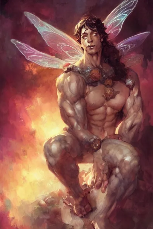 Image similar to a portrait of a handsome ripped magical fantasy fairy man by Frank Frazetta, WLOP and ross tran