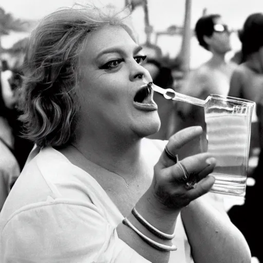 Image similar to 3 5 mm photo of raucous drunk boisterous loud portly french comedienne tippi pupu holding a drink and barking at a crowd, cannes 1 9 7 8